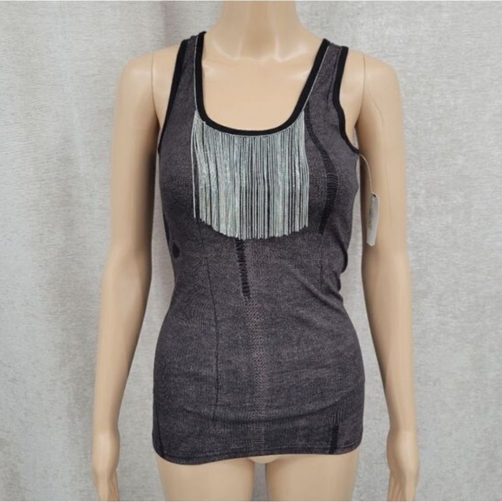 Miss Me Tank Top Rock Bikercore Chain Fringe Open Back NEW
